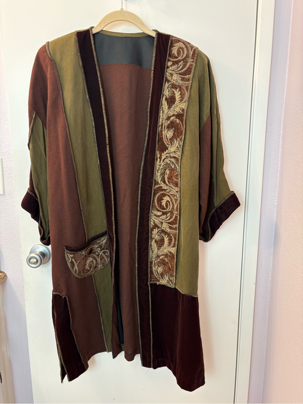 Boho Patchwork Open Front Coatigan in Olive & Brown Preloved EUC PTP 27/L 40